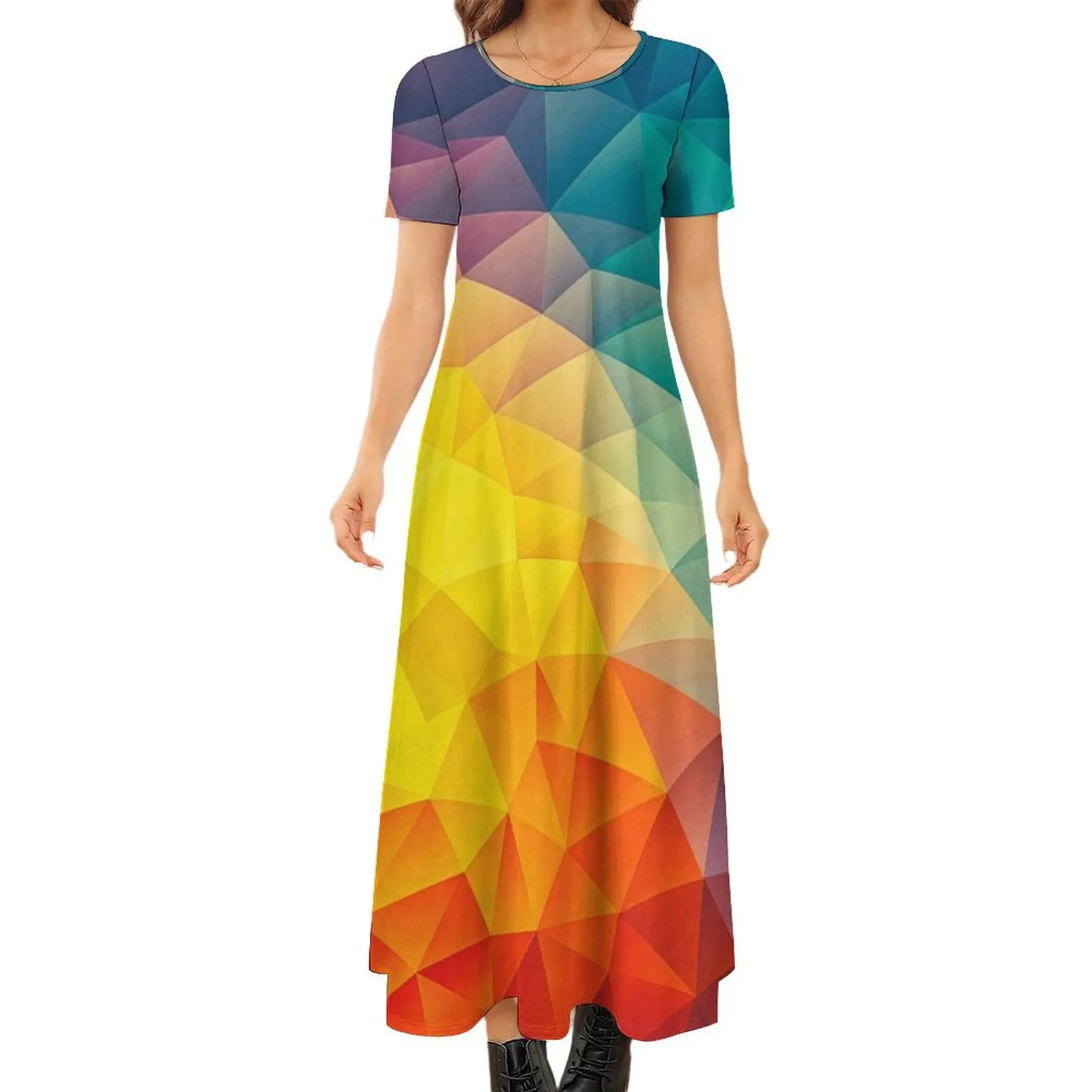 

Abstract Multi Color Cubizm Painting Round Neck Short Sleeve Dress Elegant gown summer dress women 2024