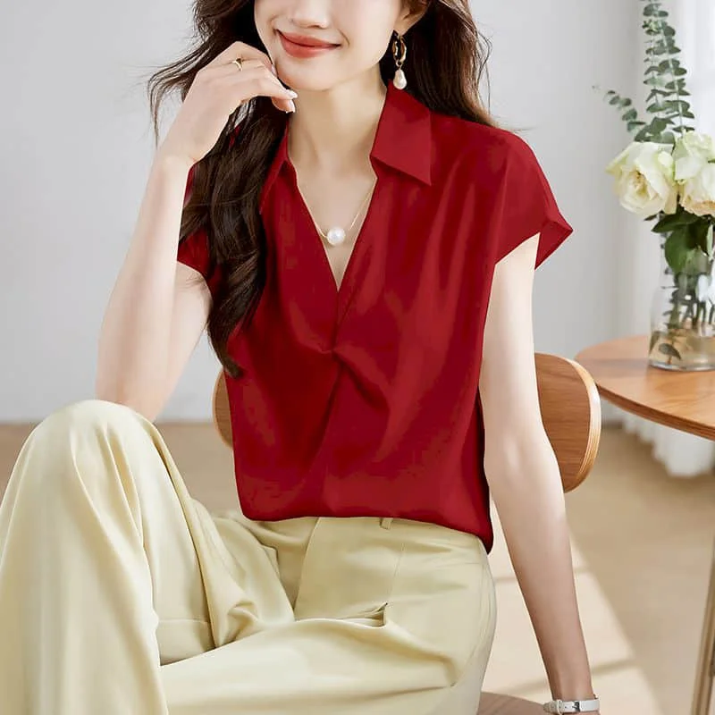 Satin Chiffon Shirts for Women Temperament Short Sleeve Elegant Korean Style Polo-neck One Piece Retro Blouse Office Women Tops