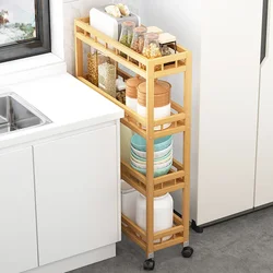 Multi-tier Bamboo Storage Shelf-Narrow Kitchen Rack with Wheels Floor Standing Bathroom Organizer Storage Rack