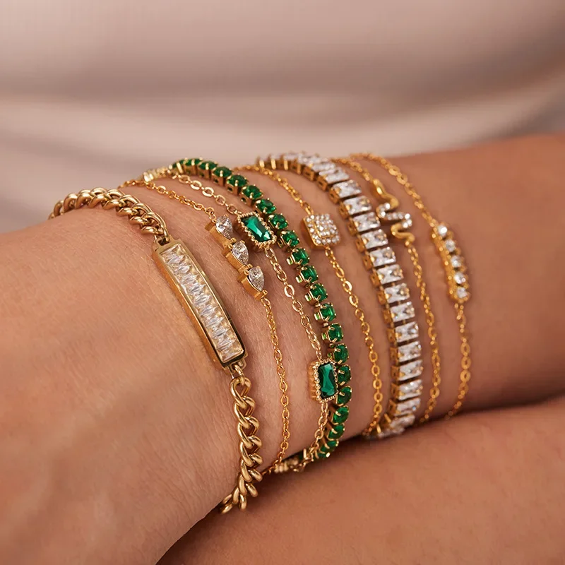 Pvd Gold Plated Stainless Steel Green Cubic Zirconia Dainty Snake Butterfly Tennis Link Chain Bracelets