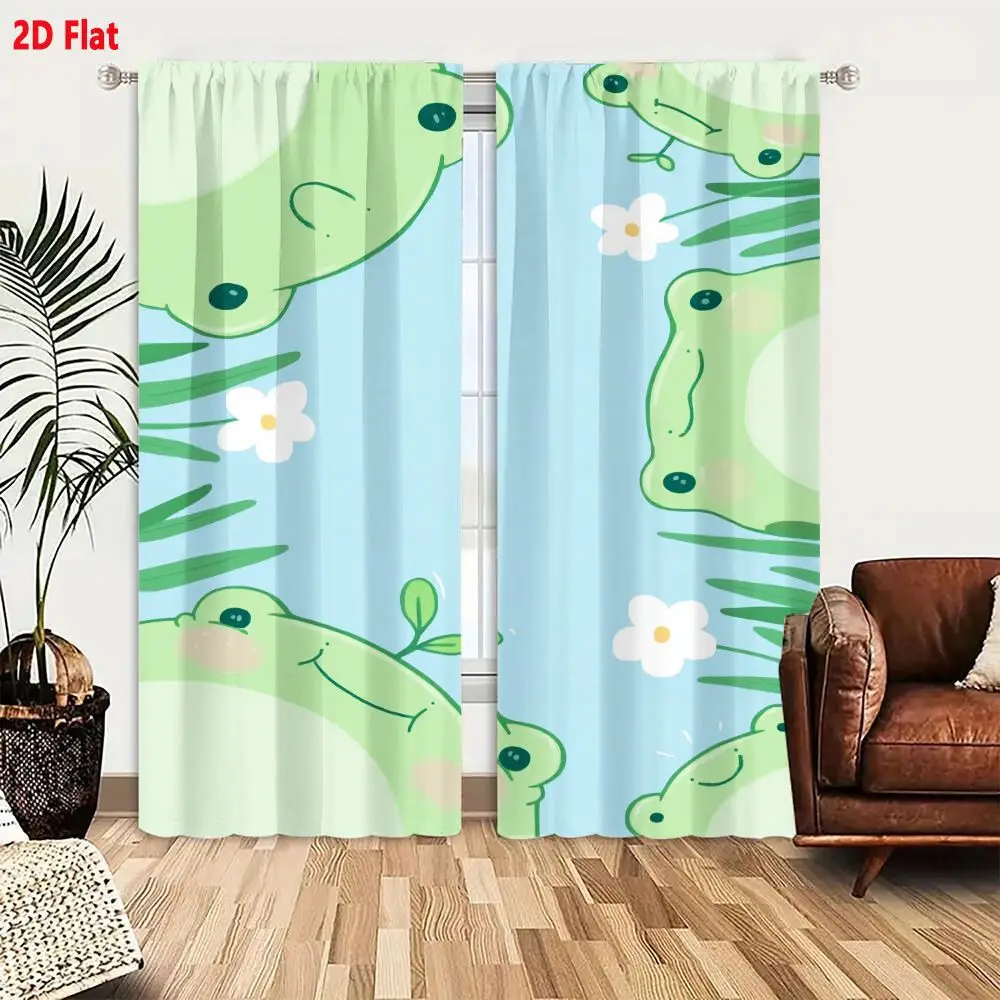 2Pcs Curtains 2D Flat Cute Cartoon Green Frogs With Pink Cheeks And Plant On Head White Flowers Yellow Centers Green Leaves Ligh