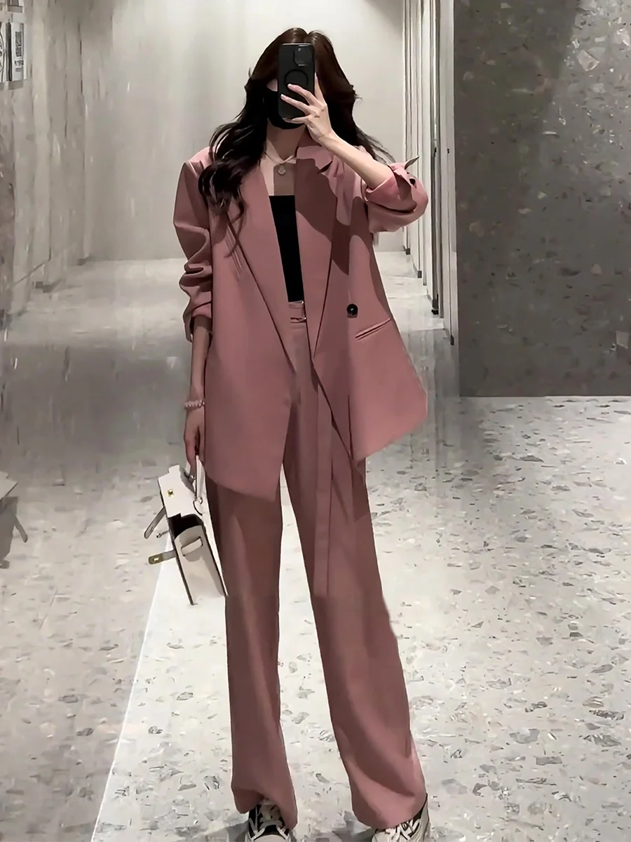 

Розовый костюм Ele: пиджак и брюки с широкими штанинами для женщин, весна 2025, роскошный модный комплект, полиэстер, длинные брюки