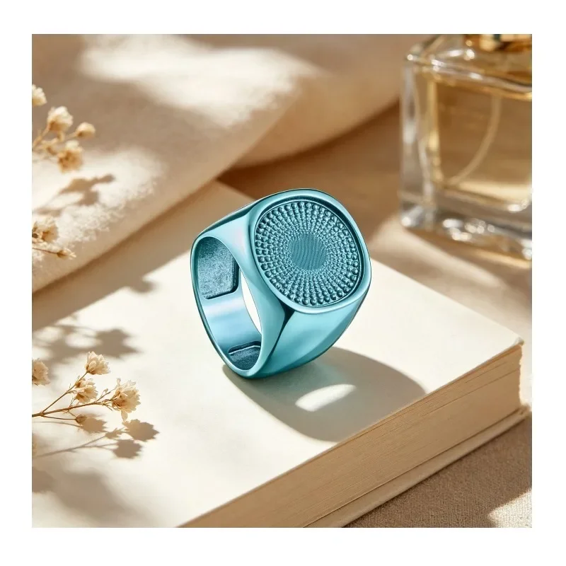 Women Teal Plated Signet Ring With Textured Surface Fashion Jewelry
