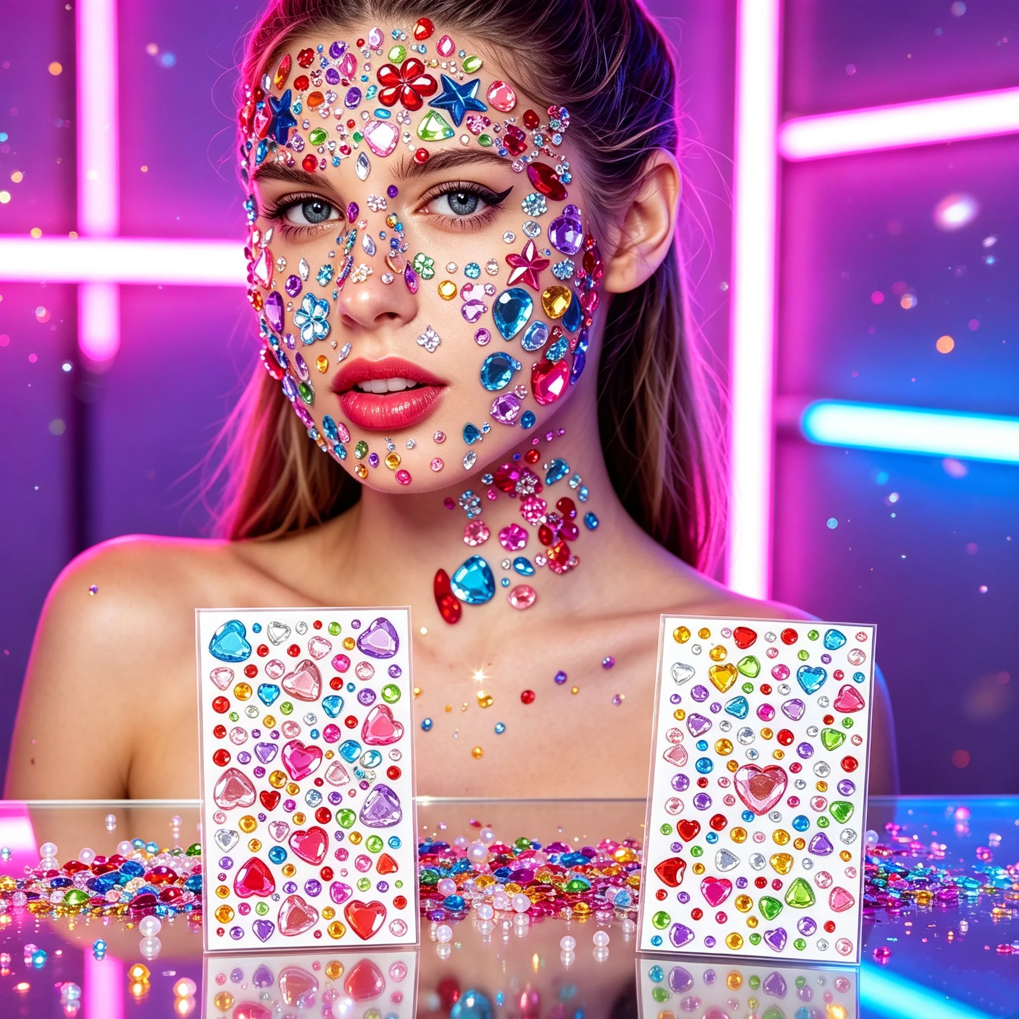 2Pcs Colorful Bling Rhinestone Face Stickers Heart & Round Dot Crystal Body Gems Waterproof Jewel Tattoos Music Festival Decors*