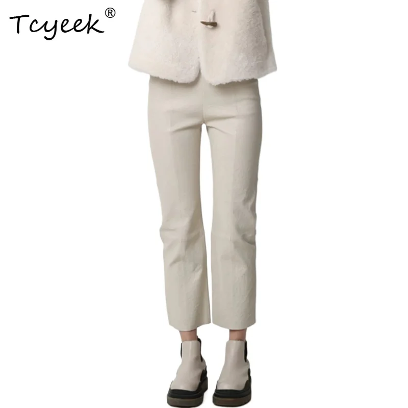 Tcyeek Fashion Genuine Leather Pants for Women 2026 Cozy Sheepskin Women's Pants High Quality Trousers Ladies Slim Fit Pantalons