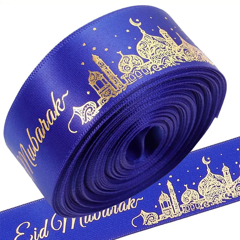 1Roll Ramadan Satin Ribbon Eid Mubarak Ribbon Roll Wrapping Ribbon Muslim Castle Pattern Ribbons Muslim Party Decor For Wrapping