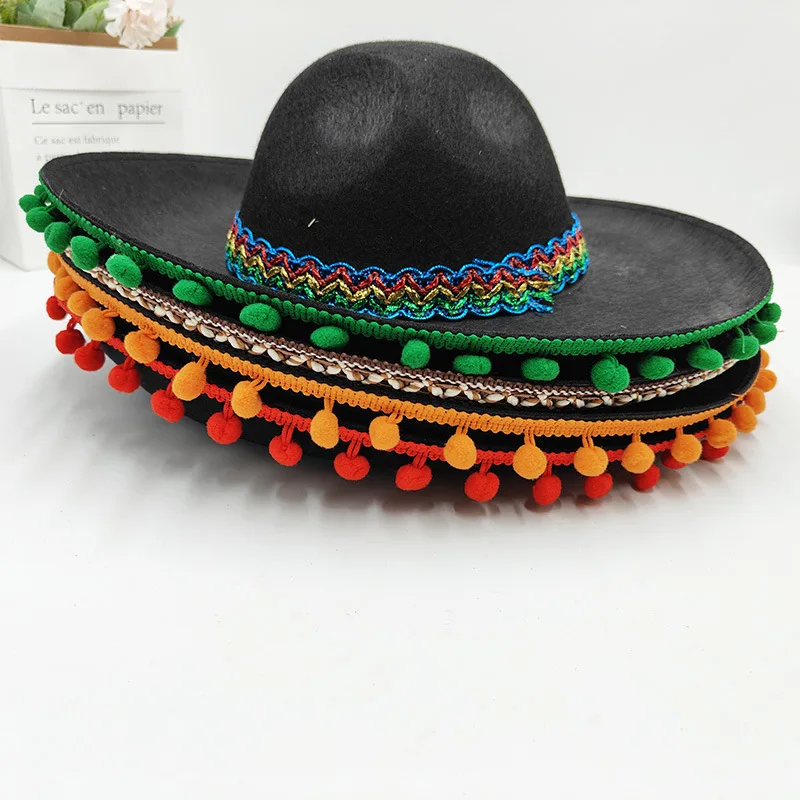 Mehrfarbiger Pom-Pom-Mexikanischer Sombrero mit breiter Krempe, schwarzer Fiesta-Hut für Karneval und Mottopartys