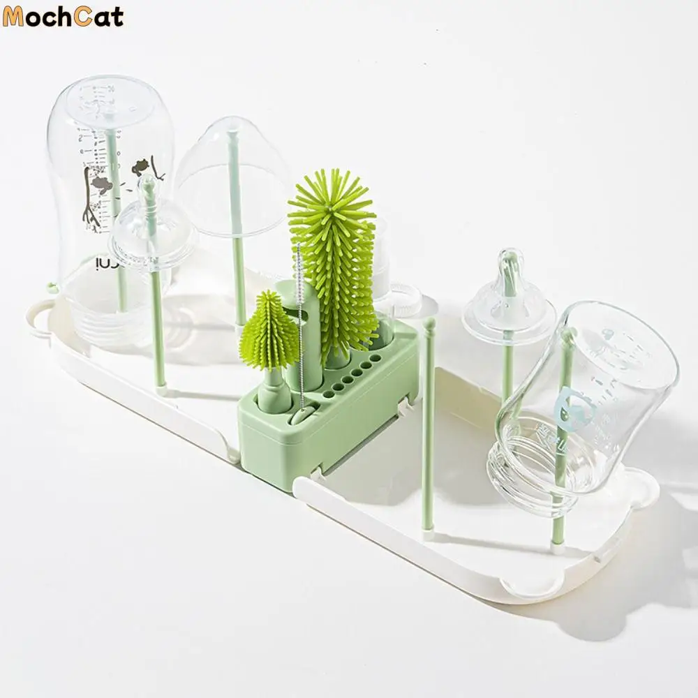 

6-in-1 Baby Bottle Brush Set Built-in Drain Rack Space Saving Nipple Straw Cleaning Brush Portable Drying Rack
