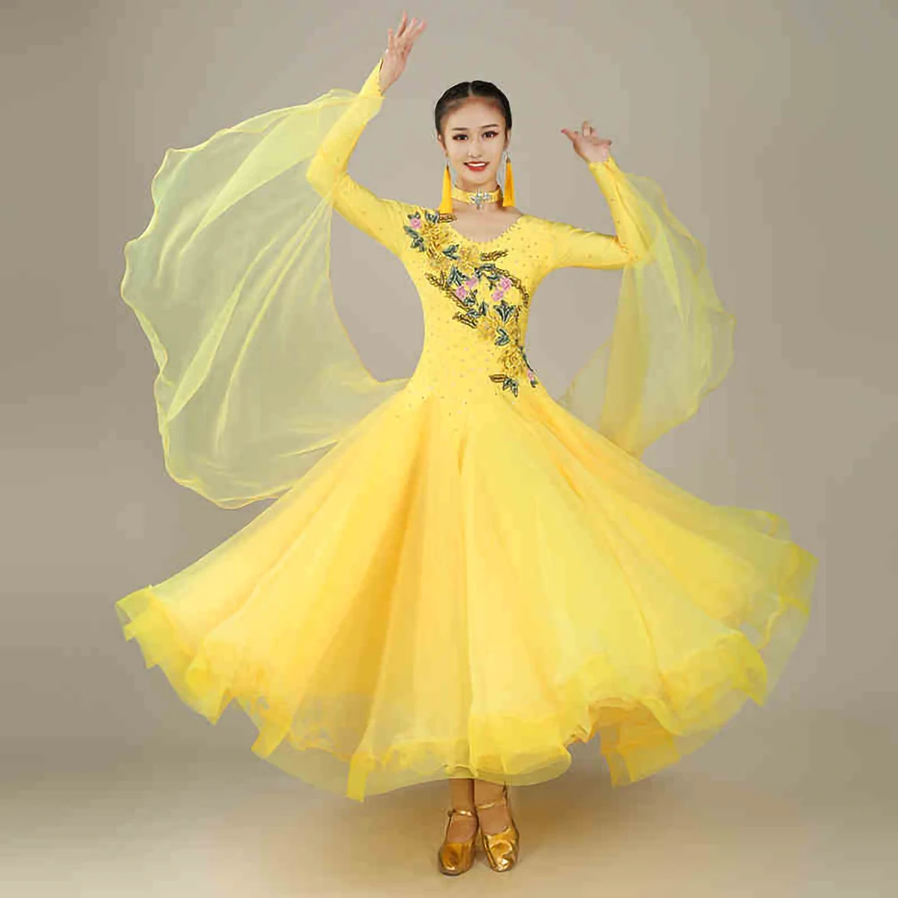 Vestido de dança de salão de manga comprida feminino, amarelo, flâmulas valsa, strass rosa saia grande, azul, vermelho, competição