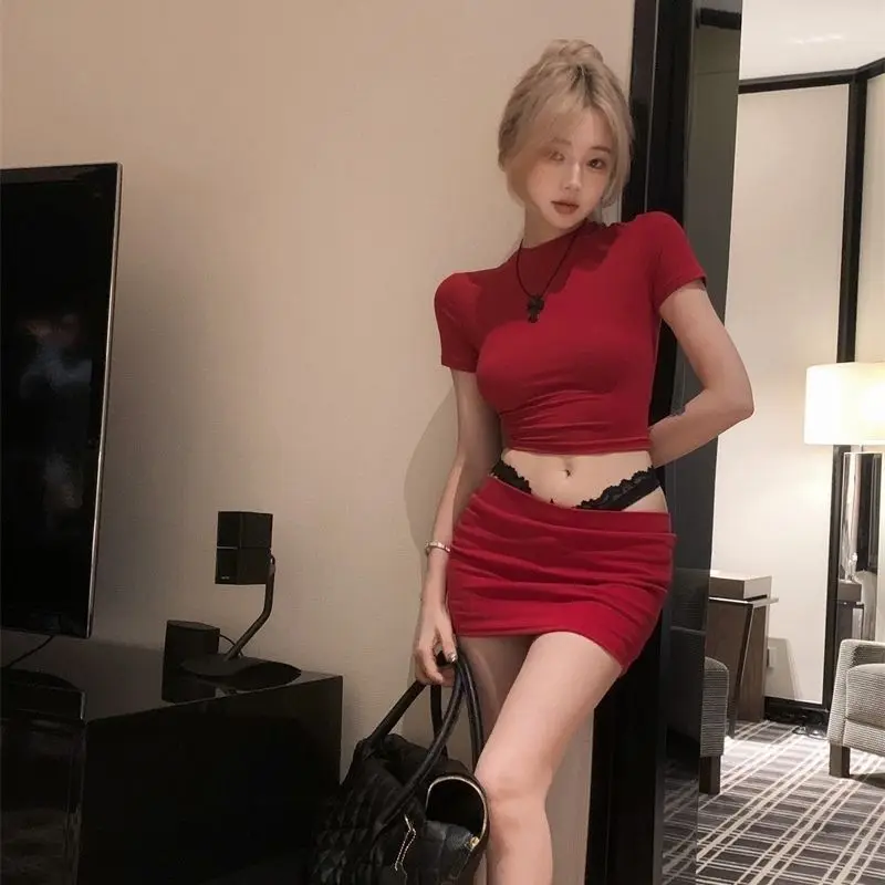 

Sweet Girl Sexy Suit Women's Summer Tight Fit High Neck T-shirt High Waist Wrap Hip Skirt Two-piece Set Fashion Female Clothes