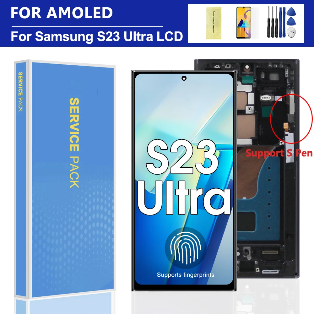 For Samsung S23 Ultra 5G AMOLED LCD Display Touch Screen with Frame Digitizer Replacement Compatible with SM-S918B G918