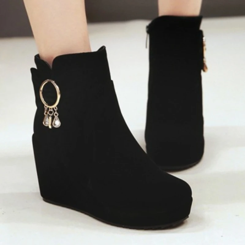 

Black Red Wedge Heels Women's Ankle Boots Autumn Winter Flock Short Boot Platform Wedges Heels Party Footwear Dance Shoes