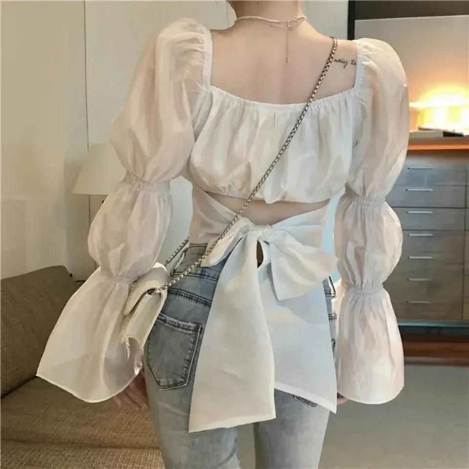 Back Puff Sleeve Shirts Women Autumn French Bow Bandage Blouses 2022 New Black Pink Square Neck Cropped Tops Female