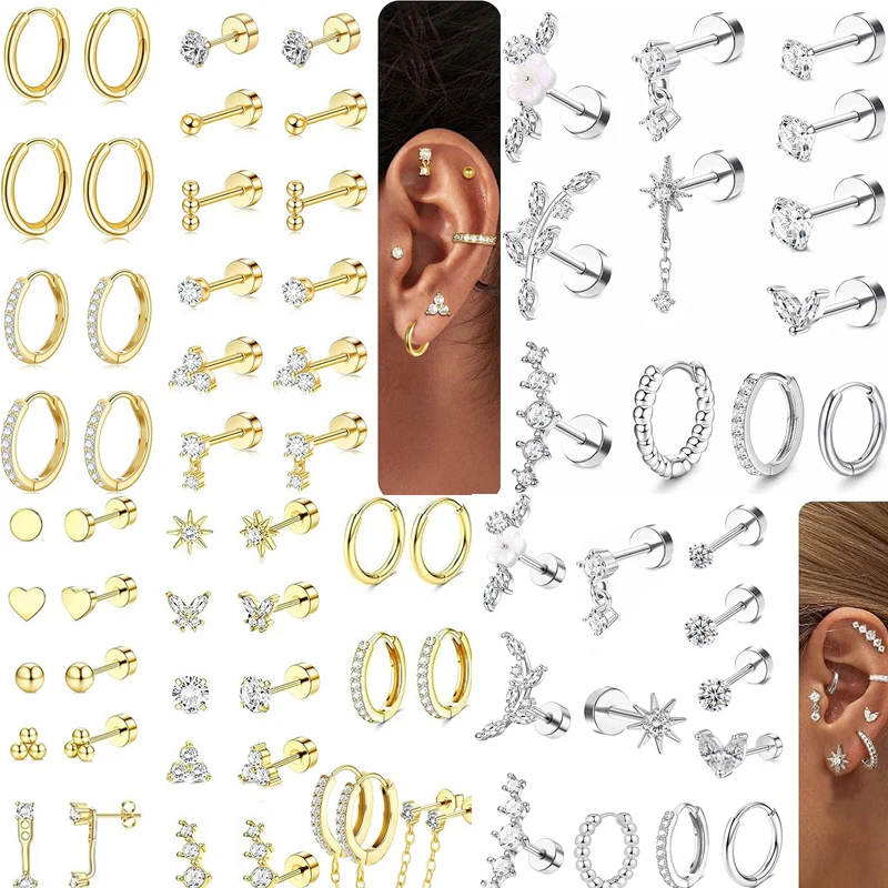 Conjunto de Brincos de Zircônia da Moda em Aço Inoxidável Dourado com Formato de Coração e Flor para Mulheres, Joias para Piercing de Tragus e Cartilagem