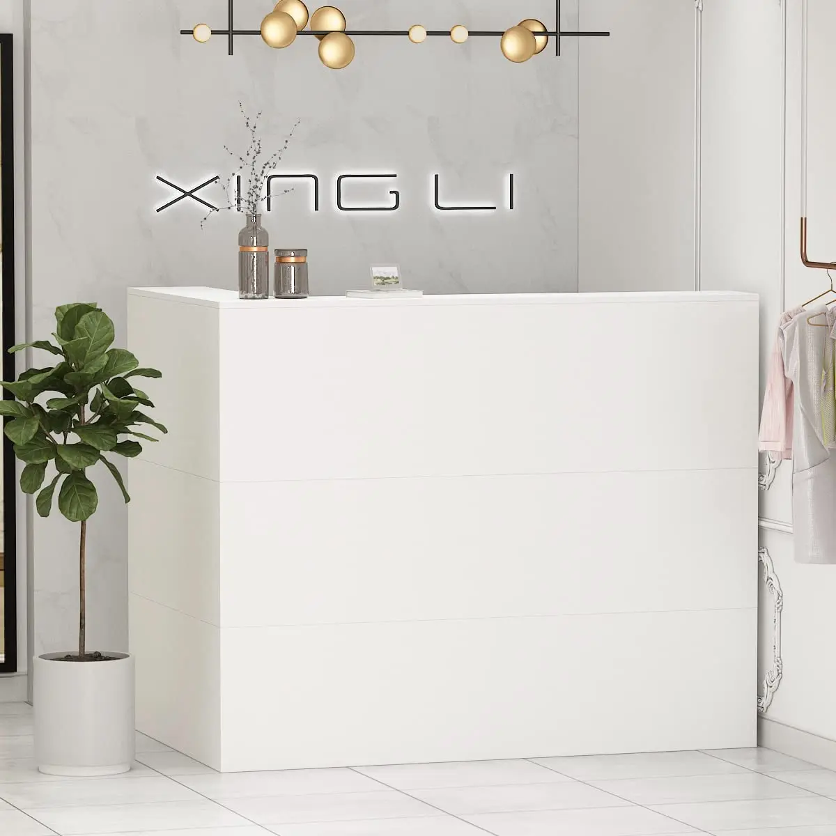 Reception Desk with Counter Drawers & Storage Shelves, L-Shaped Reception Counter Table for Salon Reception Room, Customized