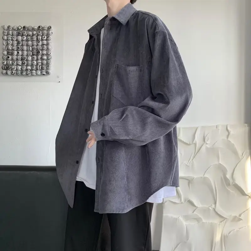 

Autumn Large Size 30kg Men's irt Long Sve Corduroy Faionable Outerwear Premium Feeling Top Youth ular Polyester