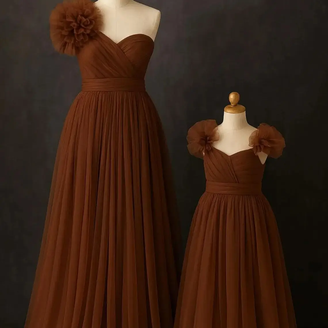 Brown Matching Tulle Mother Daughter Dress Set Customized A-Line Pleated Ruffles Sweetheart Formal Occasion Dresses Real Image
