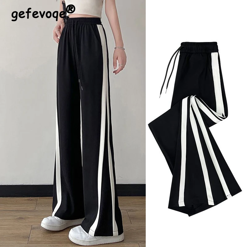 Side Stripe Sweatpants Y2k Women 2023 Summer Korean Style High Waist Streetwear Harajuku Straight Wide Leg Pants Casual Trousers