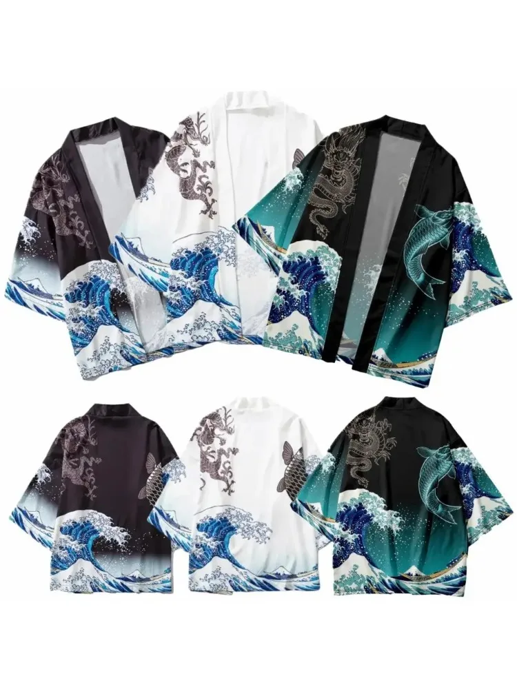 2026 Japanse kimono golfkarperjas voor heren en dames, groene traditionele Haori wollen trui met open kraag, Japanse zwarte strandjurk - afbeelding 2