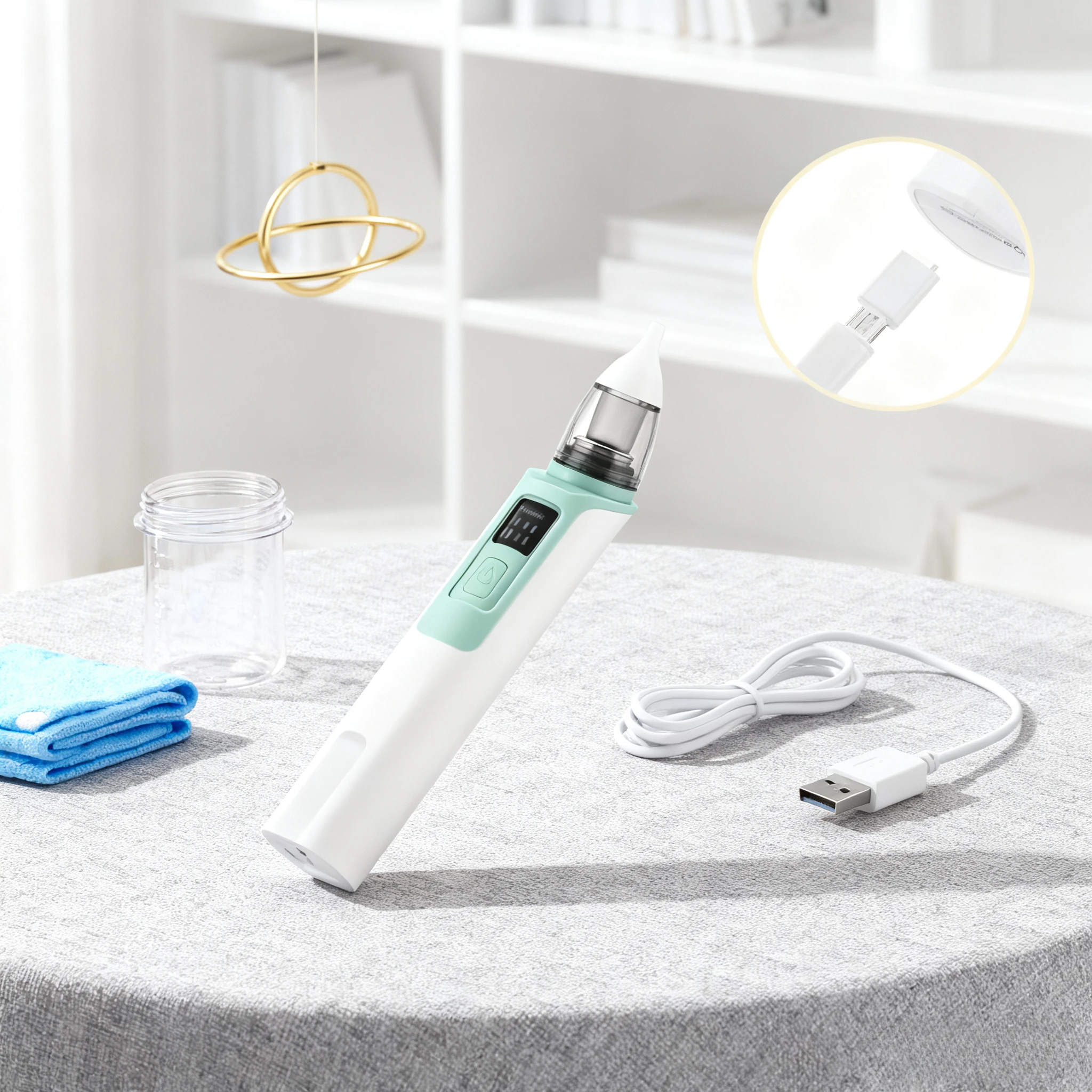 

Infant electric nasal aspirator, silicone material, low-noise motor, stable and not harmful to nose.