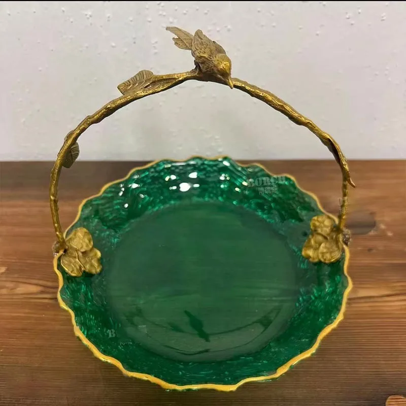 Happy branch fruit plate blue, brass creative magpie glass plate, desktop high-value decorative ornament retro