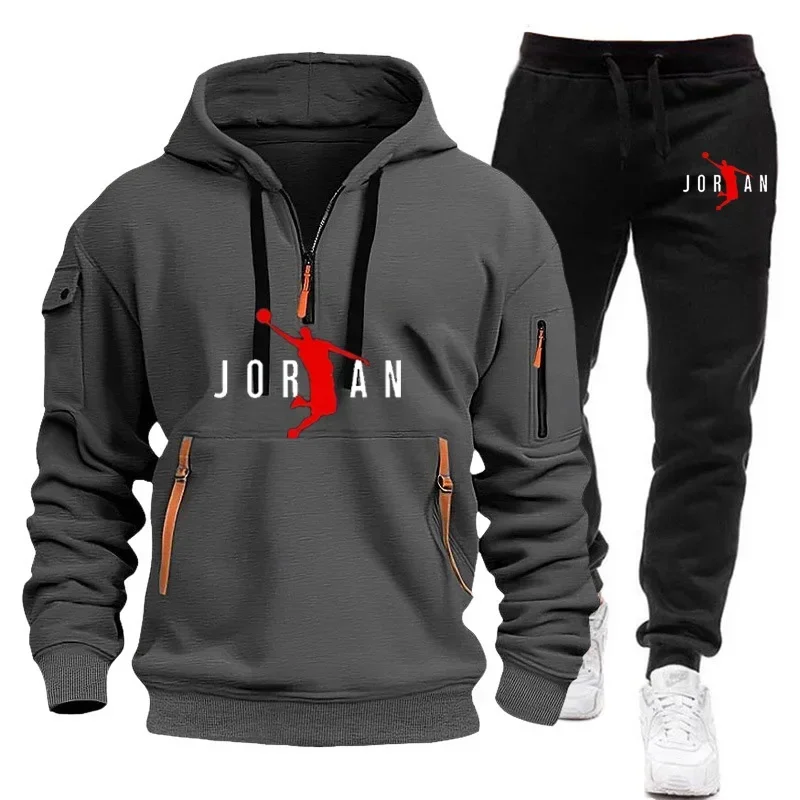 

2025 Men's sports brand sweatshirt and hoodie 2-piece set, wool men's hip-hop sweatshirt, men's hoodie, casual sportswear set