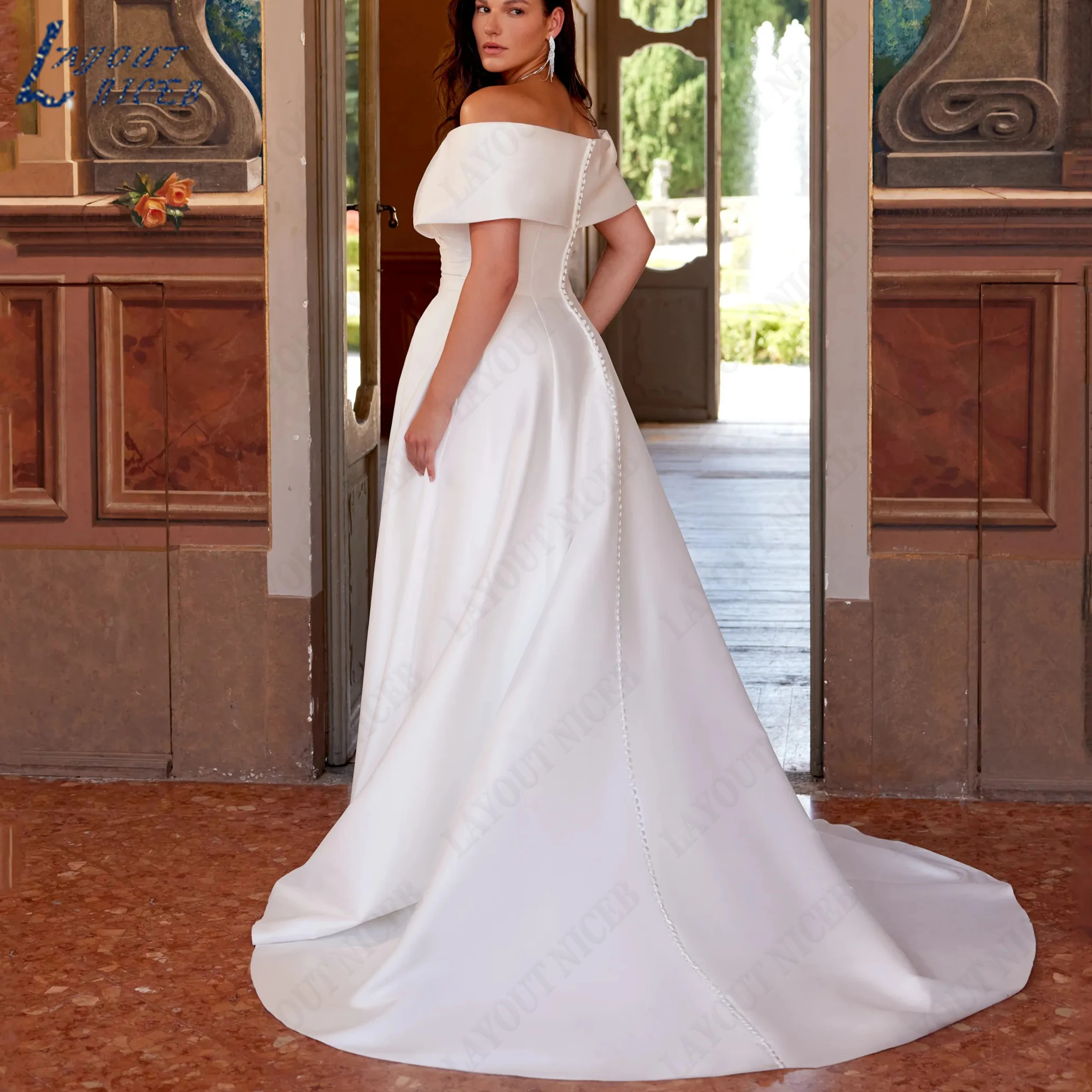 LAYOUT NICEB Satin With Slit Weddings Dress Off The Shoulder Bridal Gown Boat Neck Simple Wedding Dresses Bride Custom Made