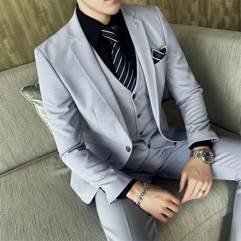 ( Jacket + Vest + Pants ) High -end Brand Official Business Solid Color Casual Suit Three -piece Suit  Groom Wedding Gown Jacket