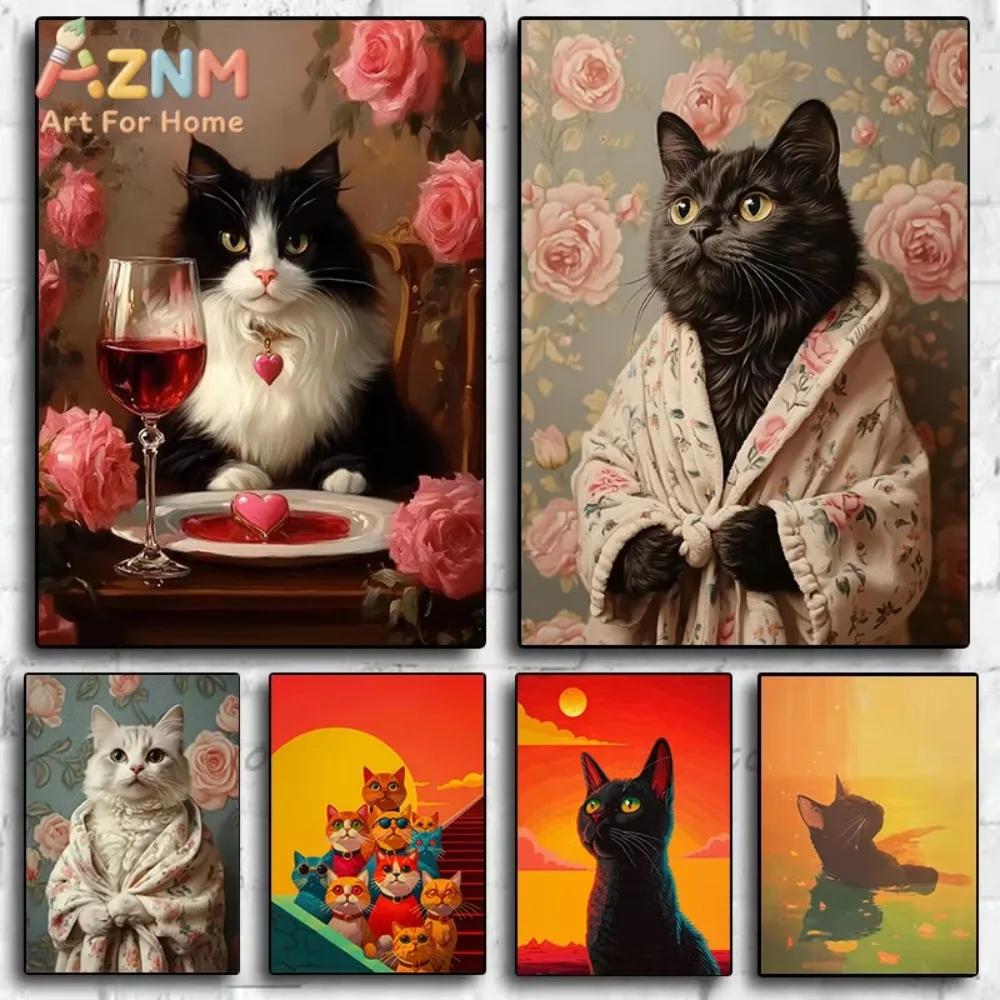 

1pc Abstract Whimsical Black Cat Sunset Swimming Colorful Tuxedo Poster Print Wall Art Pictures Canvas Painting Room Home Decor