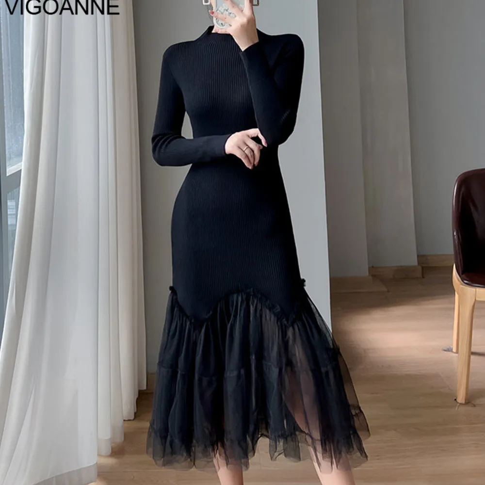 VigoAnne 2025 Woman Solid Long Sleeve Knit Dress Spring Autumn Mesh Mermaid Korean Dresses Lady Evening Party Tight Long Dress