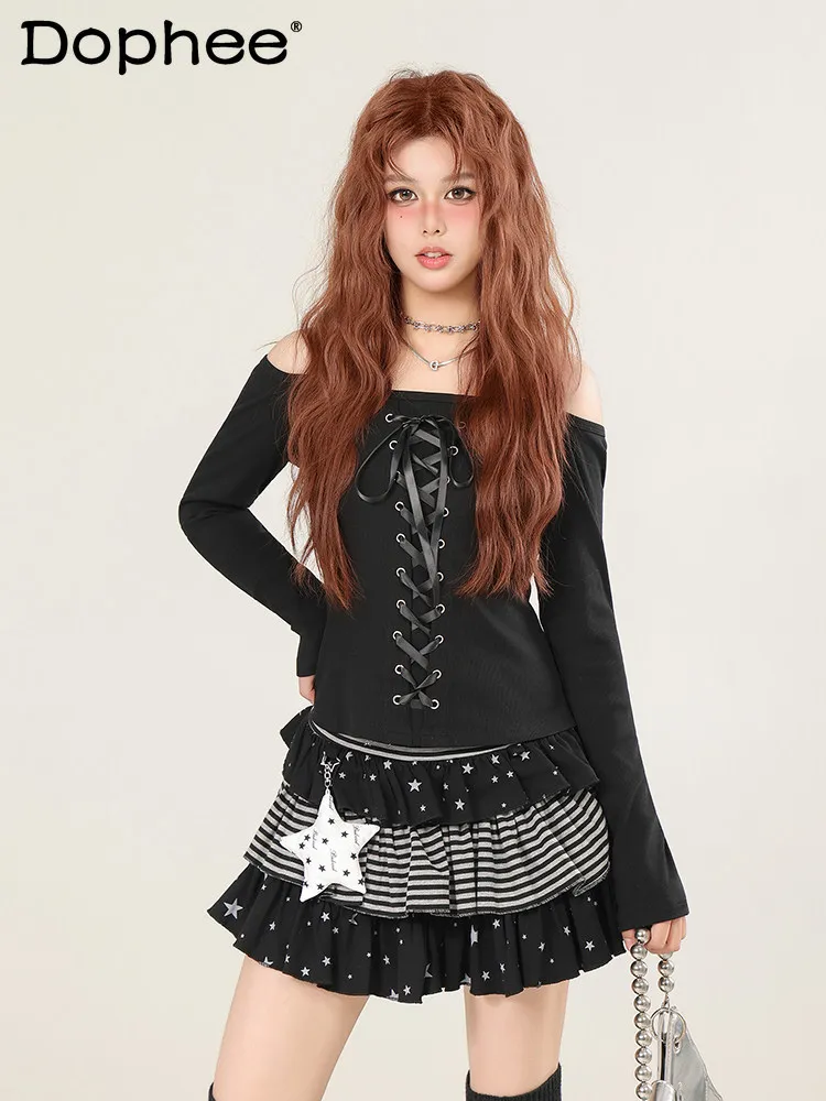 

2026 Spring New Japanese Style Off-Shoulder Halter Neck T-Shirt Hot Girl Style Black Slim-Fit Short Long-Sleeve Top