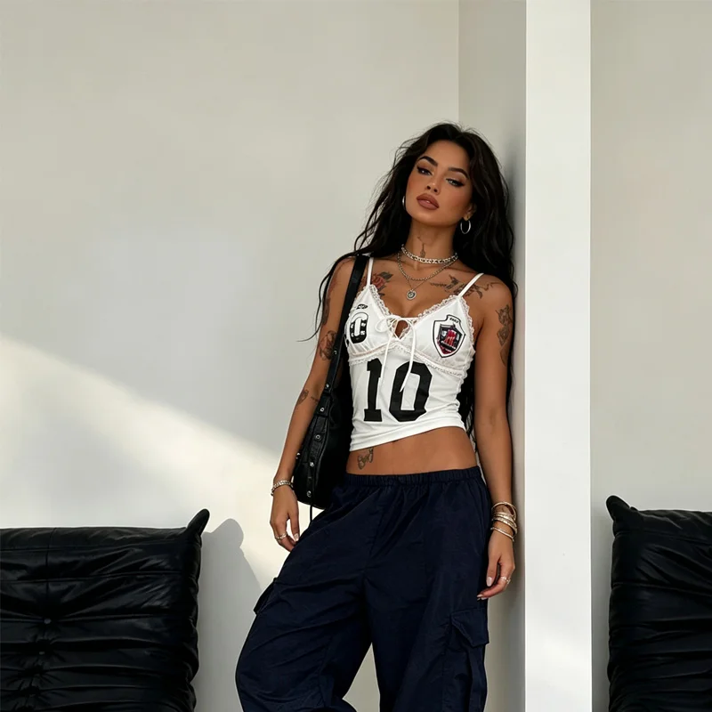 2026 Retro Baseball Women's White Mesh Tank Top with Pink Lace Pattern Adjustable Slimming Millennium Hot Girl Sexy Tank Top