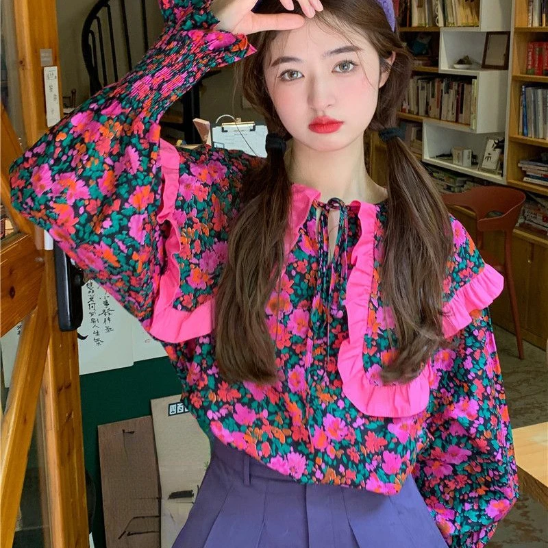 OCEANLOVE Print Floral Women Shirts&blouses Peter Pan Collar Sweet Kawaii Blusas Mujer Spring Autumn Korean Ruffles Camisas