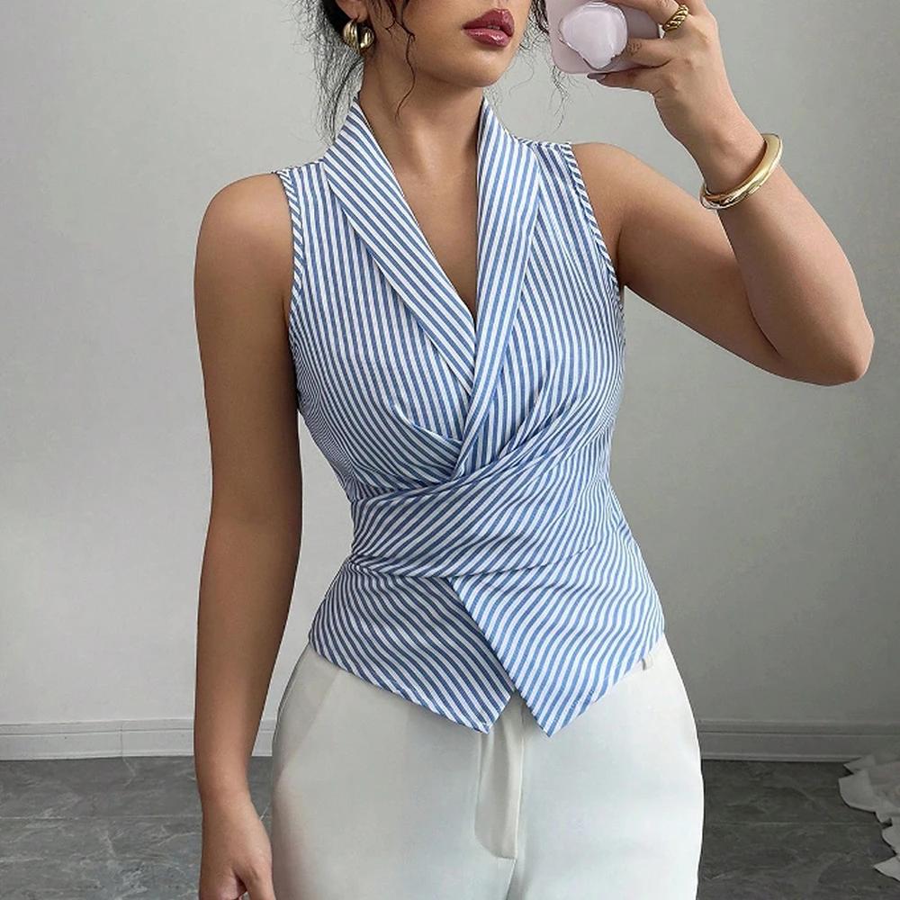 

Fashion Stripes Nipped Waists Sleeveless Lapel Office Lady Shirts Spring Summer Fitting Slim Shirts For Women