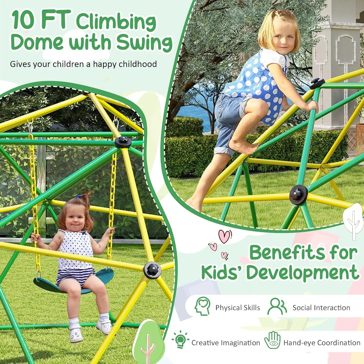 Cúpula de escalada de 10 pés com balanço, barra de macaco de ginástica de selva atualizada para quintal, brinquedos de escalada ao ar livre para crianças, equipamento de playground