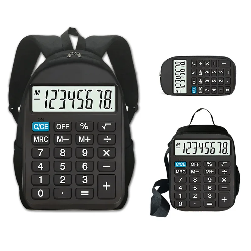 Youthful Calculator Phone button screen 3D Print 3pcs/Set Student Travel bags Laptop Daypack Backpack Lunch Bag Pencil Case