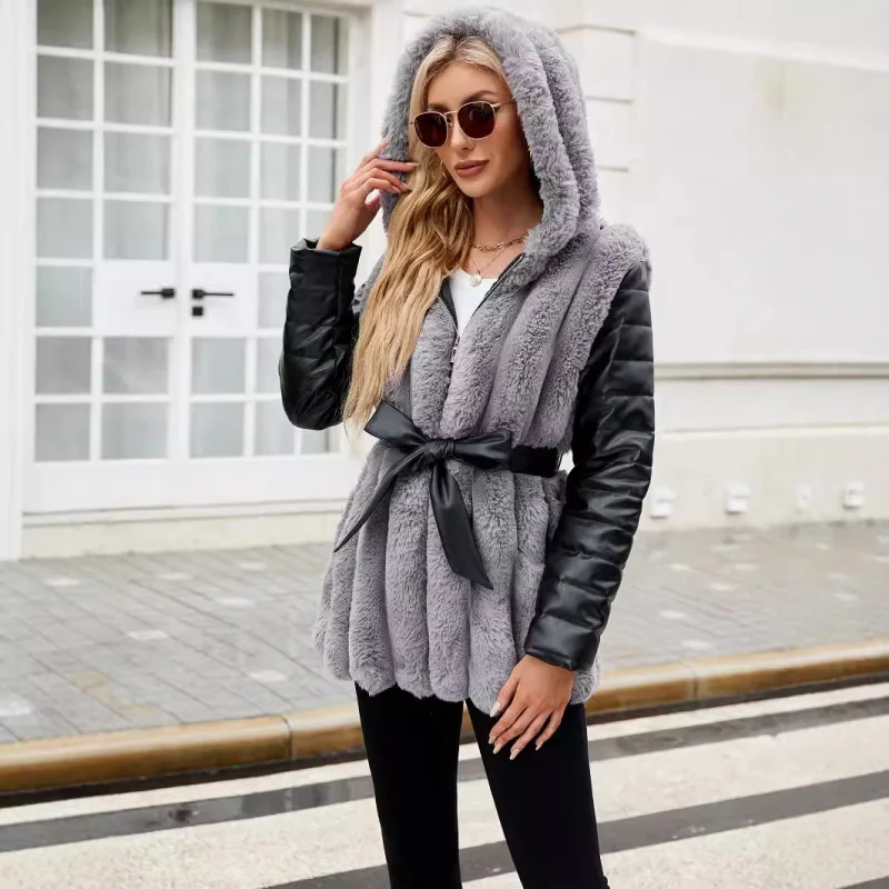 

2025Новая женская короткая шуба с капюшоном и застежкой на талии в европейском и американском стиле