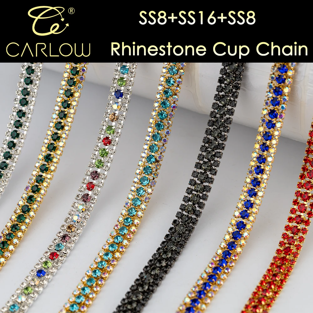 CARLOW AAAAA 3 Rows Rhinestone Cup Chain Sew on Shiny Gold Base Glass Stone Chain for Garement Decoration DIY