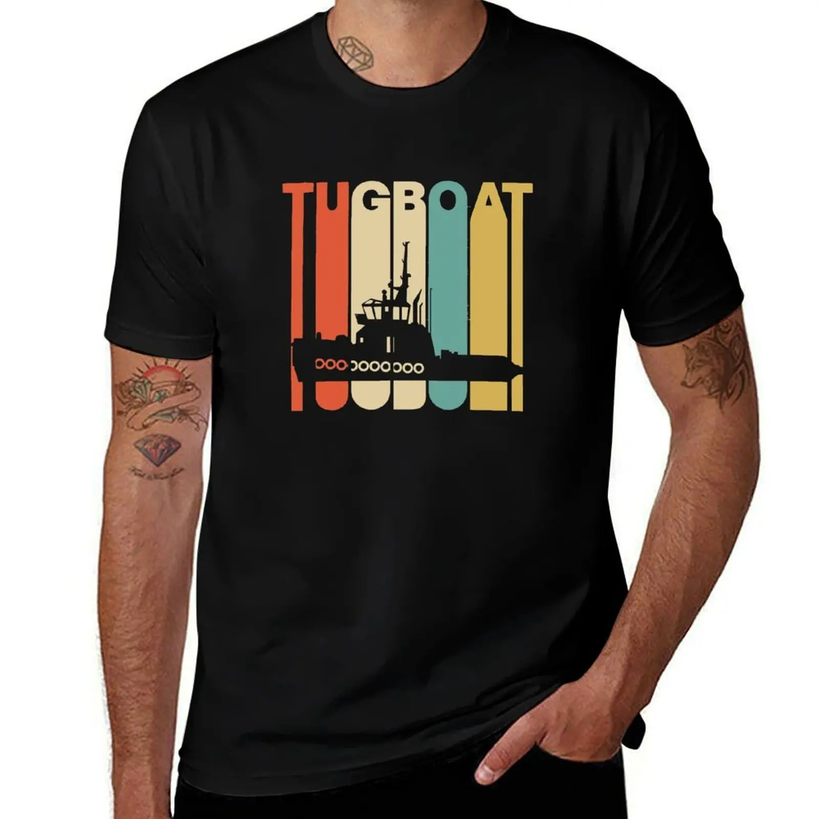 

Vintage Style Tugboat Silhouette Shirt T-Shirt man t shirts graphic cotton t shirt man T-Shirt