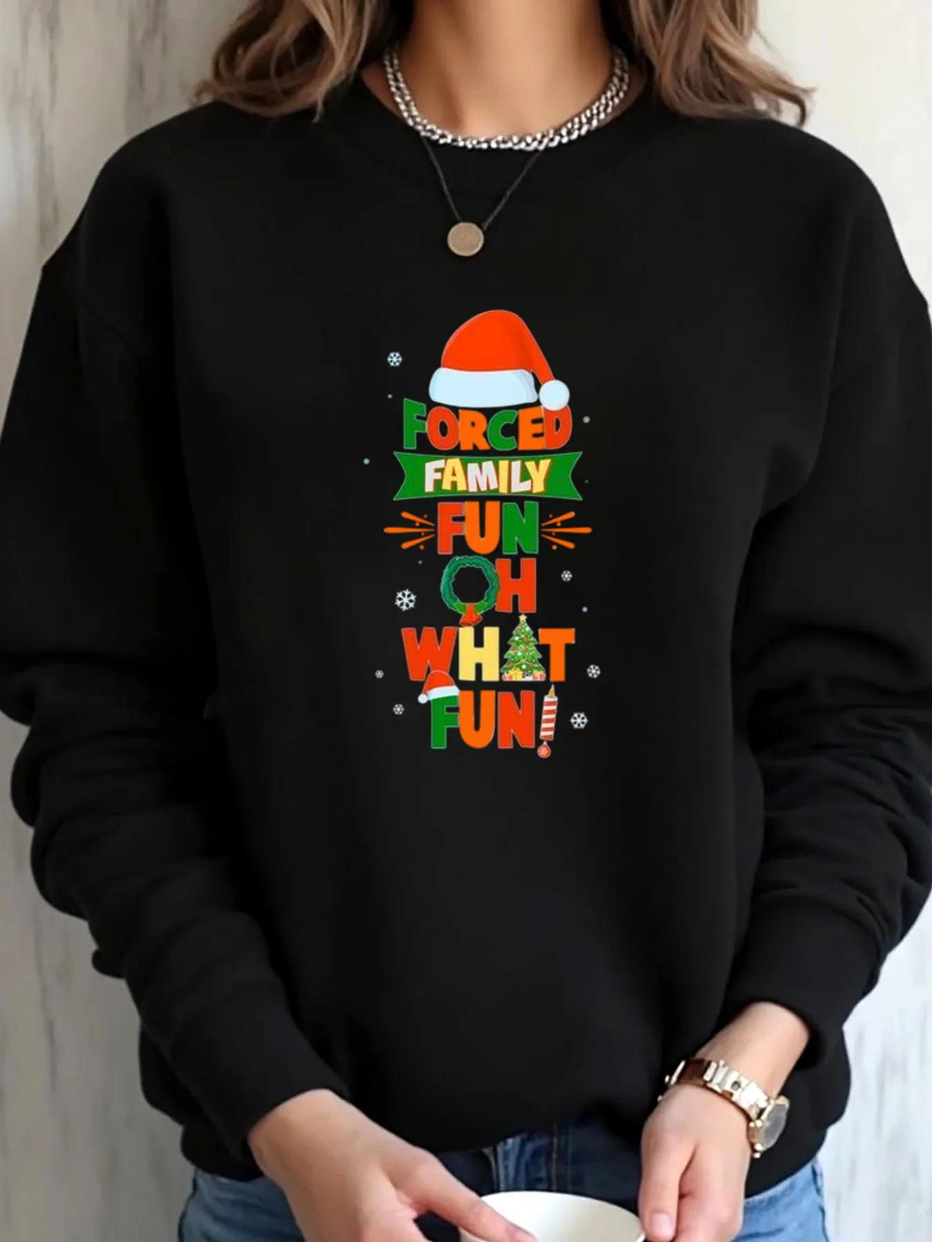 

Women Oversized Sweatshirt Christmas Forced Family Fun Oh What Fun Print Outdoor Wear
