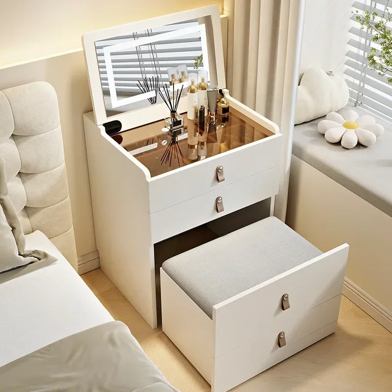 플립탑 거울과 조명이 내장된 화장대 세트, 작은 공간을 위한 대용량 수납 공간을 갖춘 컴팩트 화장대