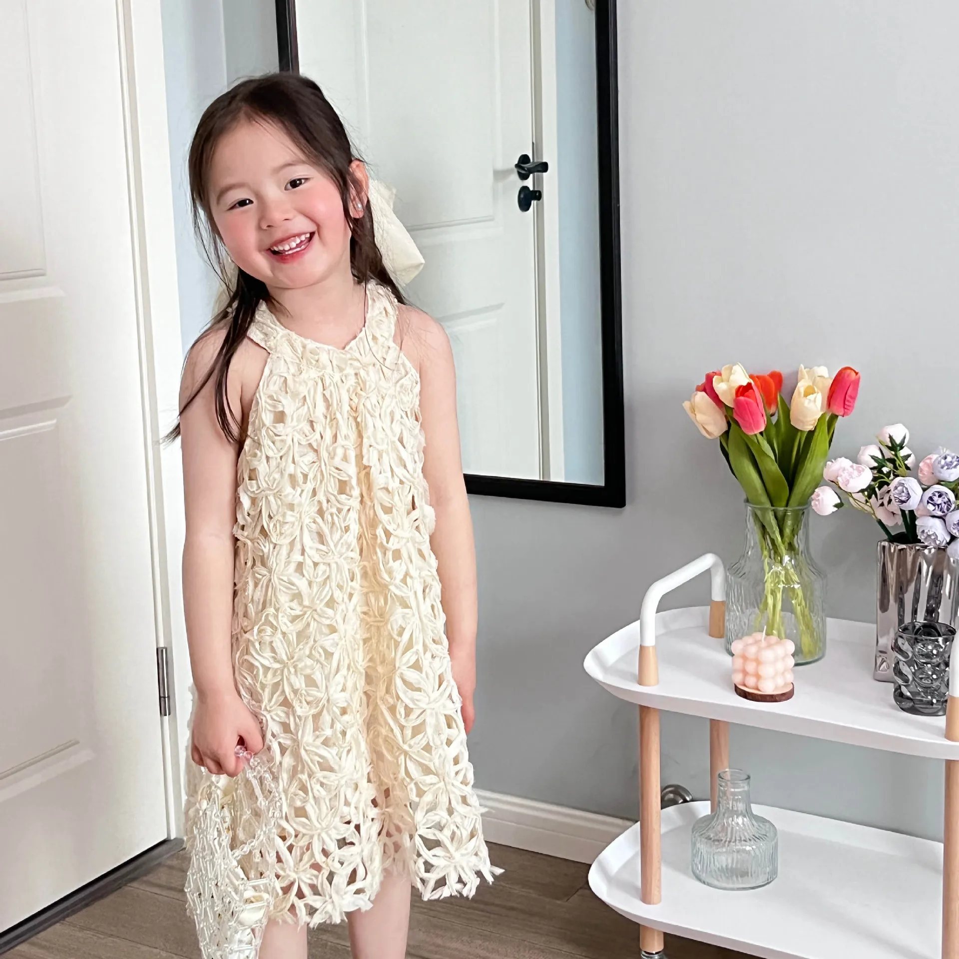 HoneyCherry Girls Rich Sense of Holiday Hanging Neck Dress Summer New Hollow Solid Colour Princess Dress Flower Girl Dresses