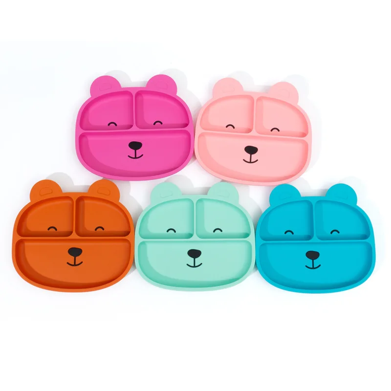 BPA FREE Food Grade Silicone Bear Plate, Anti-drop Suction Divided Bowl, Microwave Safe Baby Tableware