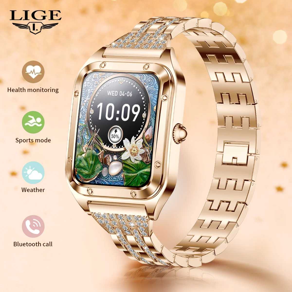 LIGE New Fashion Smart Watch Ladies Bluetooth Call Blood Pressure Sports Bracelet Waterproof DIY Custom Dial Smartwatch Women