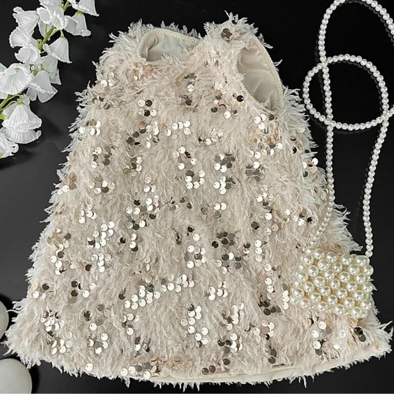 Newborn Baby Girl Plume Sequin Princess Vest Dress Infant Toddler Sleeveless Elegant Vestido Birthday Party Autumn Clothes 3-18M