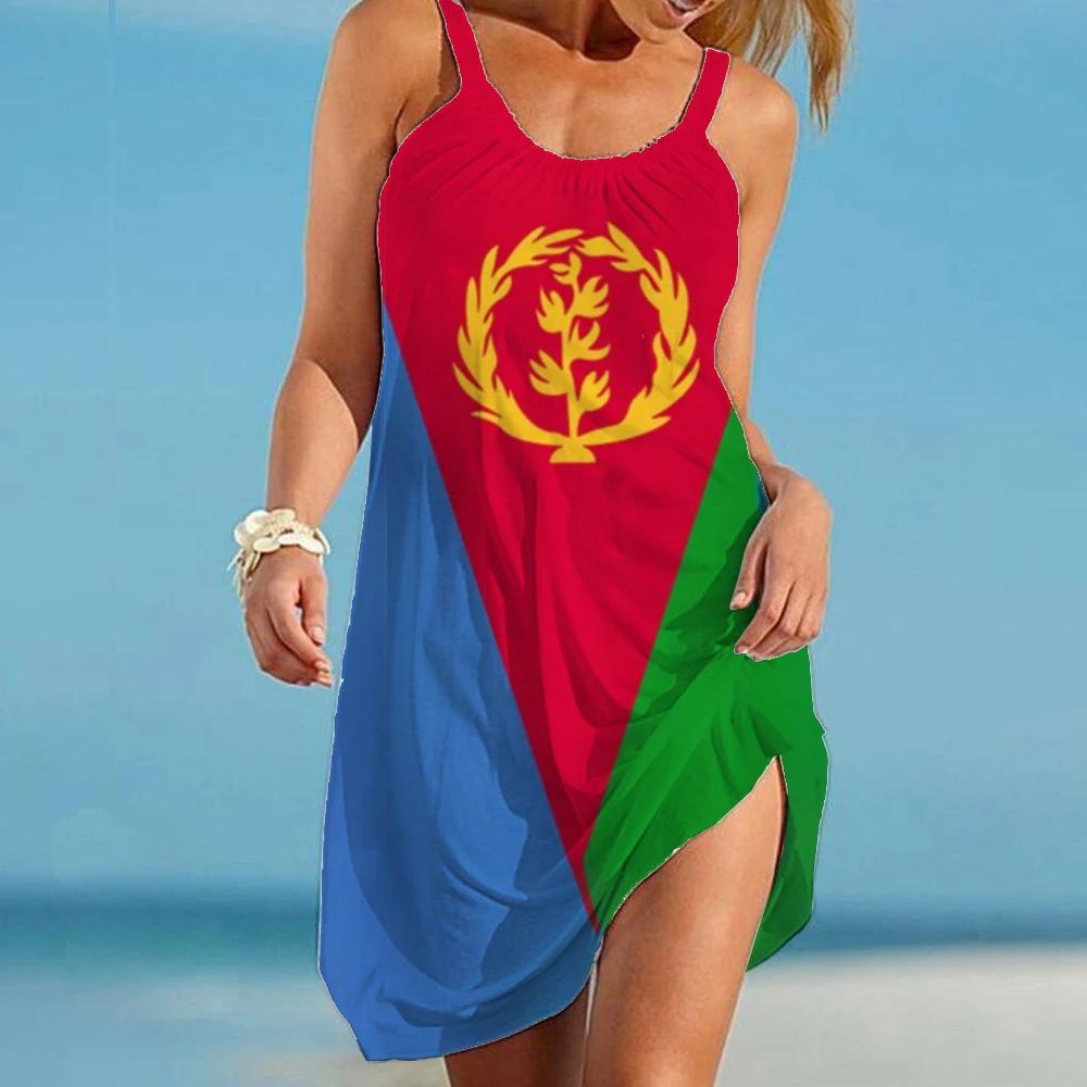 Eritrea Flag Dress Women\'s Fashion Sleeveless Bohemian Beach Dresses Party Evening Holiday Sexy Midi Strap Dress Girl Summer