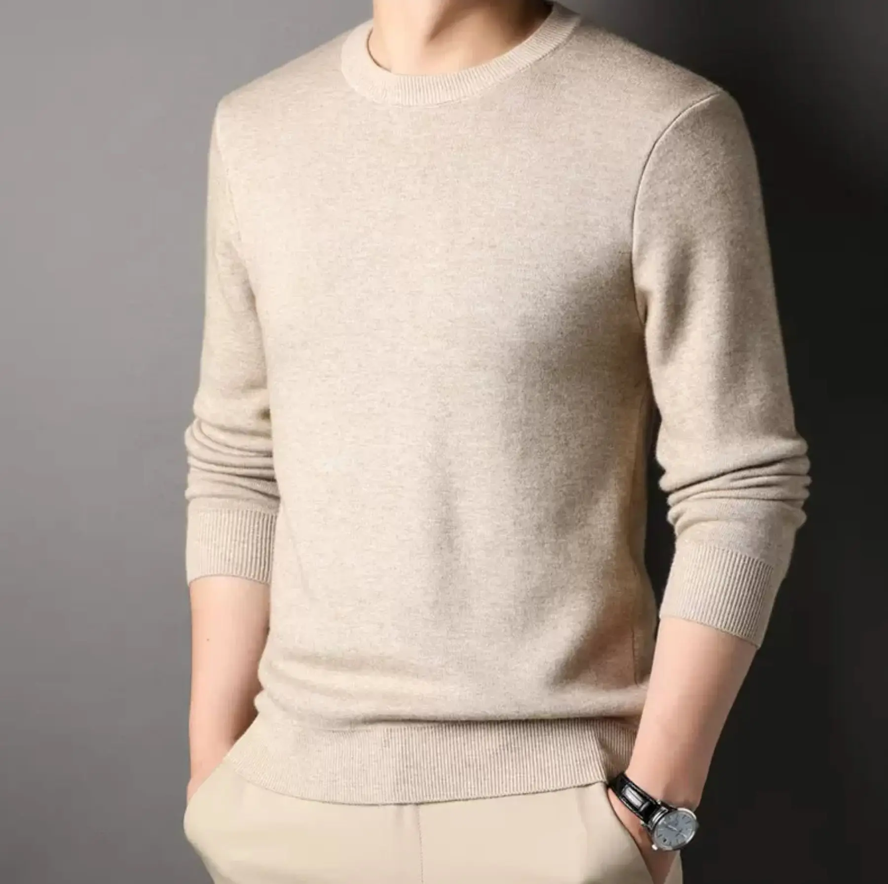 New Autumn Solid Color Youth Slim Round Collar Men's Sweater Versatile Half Turtleneck Business Knitting Bottom Shirt