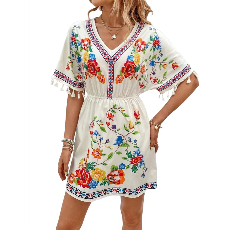 ASDS-Fiesta Embroidered Mexican Dress For Women Plus Size Short Sleeve Summer Boho Dresses With Pocket