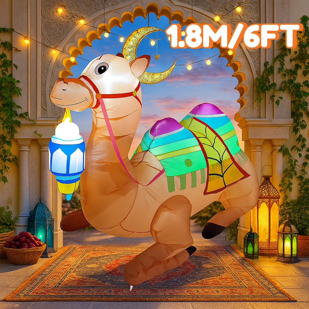 

6FT Ramadan Inflatable Camel Decor Colorful Pattern LED Lights Lantern Islamic Holiday Decor Supplie Ramadan Inflatable For Yard