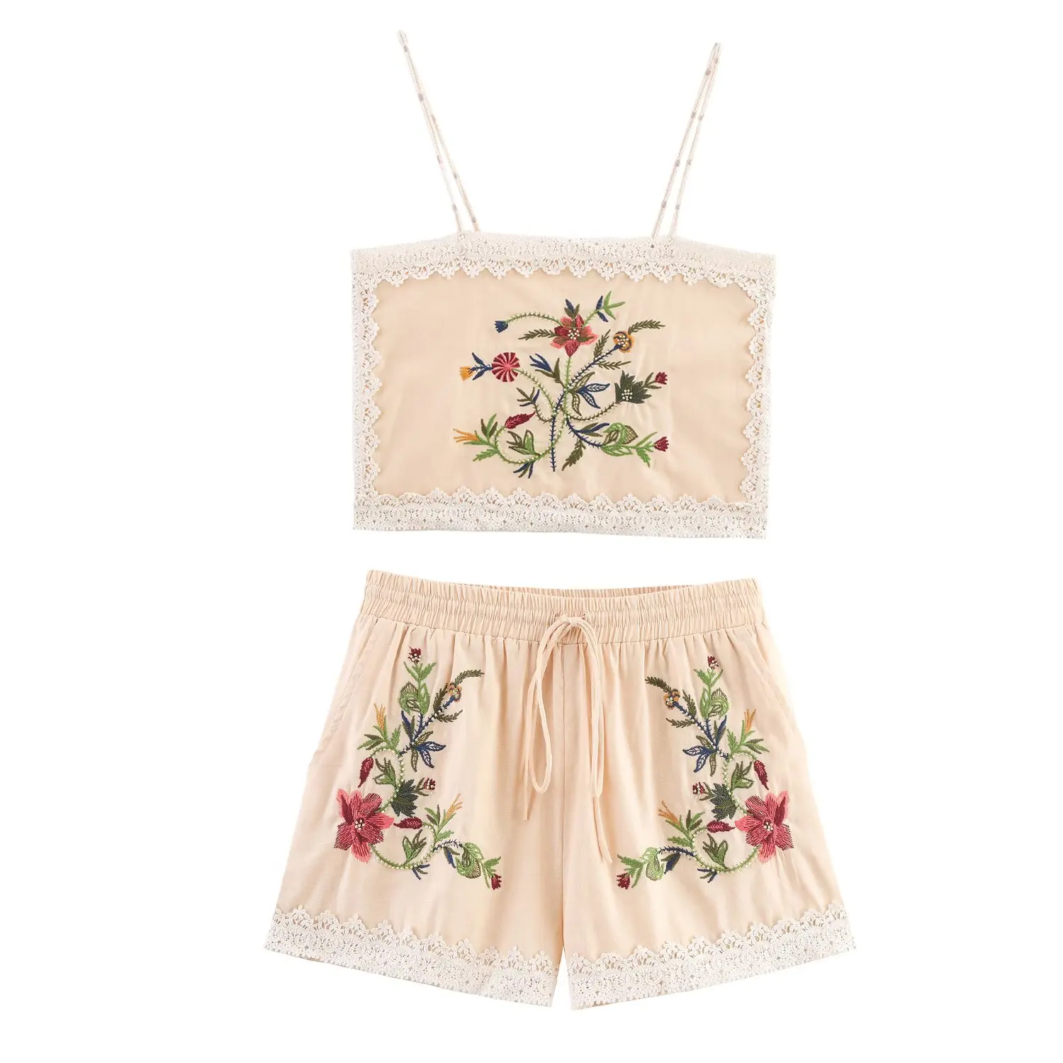 

2025 летний новый женский повседневный модный кружевной топ с вышивкой в стиле ретро и цветочным принтом, с подходящими шортами-трани